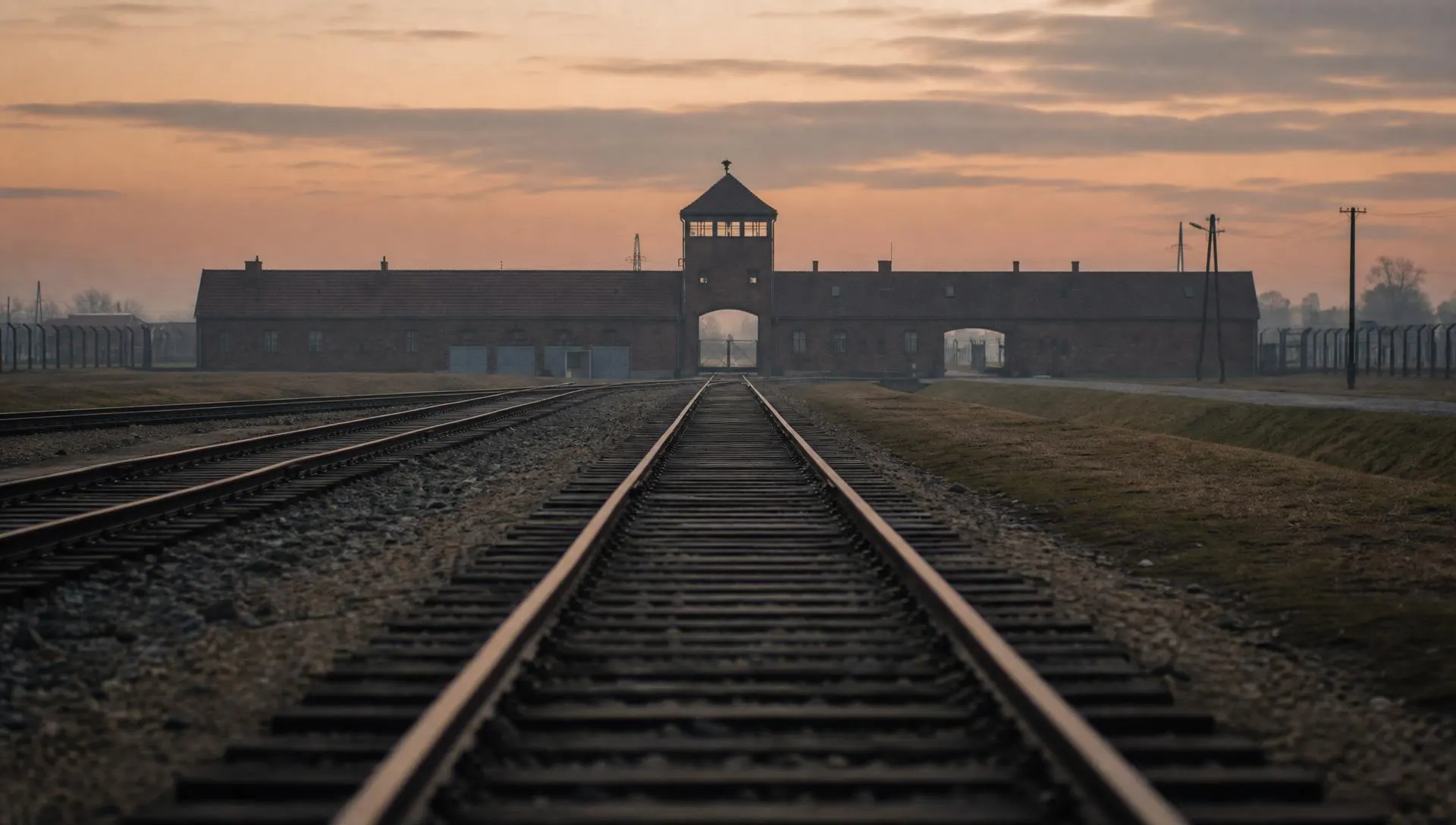 Tory kolejowe prowadzące do bramy Birkenau o zachodzie słońca